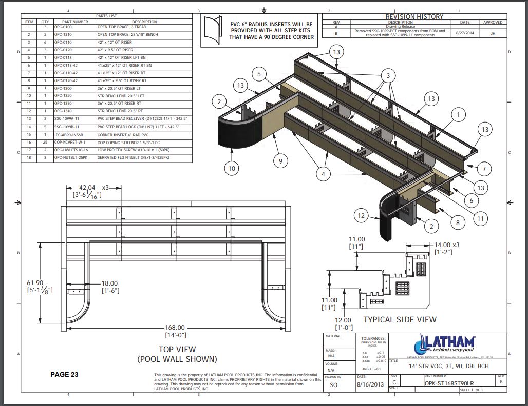 14' Straight Step Polymer 90 Deg. 3-Tread 6" Radius w/ Double Bench